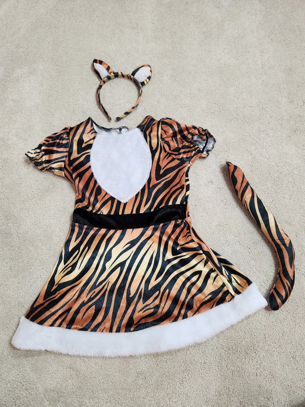 Tiger Print Kids Costume Dress with Ears & Tail - Orange/Black Sz 4-6